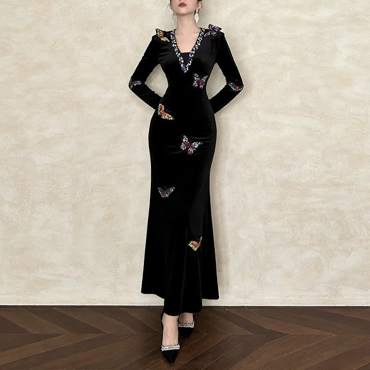 Butterfly-Applique Long-Sleeve Dress