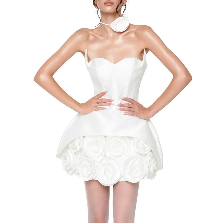 Rosette-Hem Strapless Mini Dress