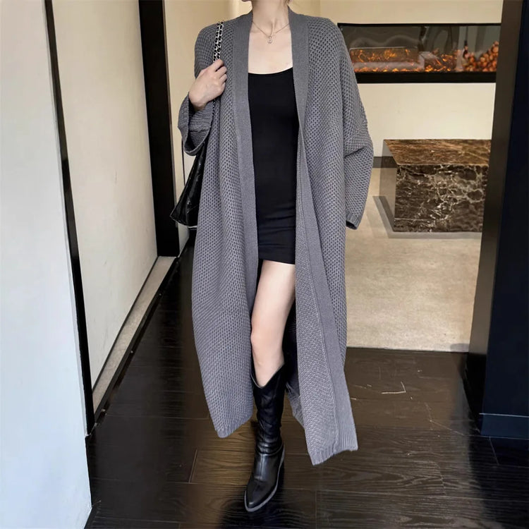 Textured Open-Front Long Cardigan