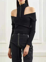 Zip-Neck Cold-Shoulder Top