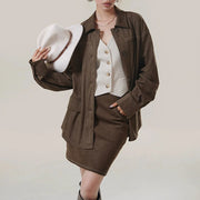 TWOTWINSTYLE Coffee Spliced Pocket Two Piece Set Female Lapel Long Sleeve Shirt Casual Women's Short Pants Set Fashion Style New