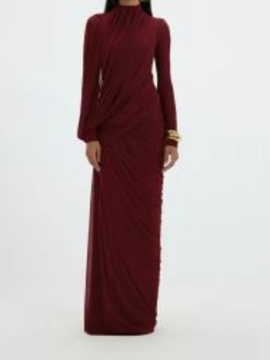Ruched Long-Sleeve Long Dress