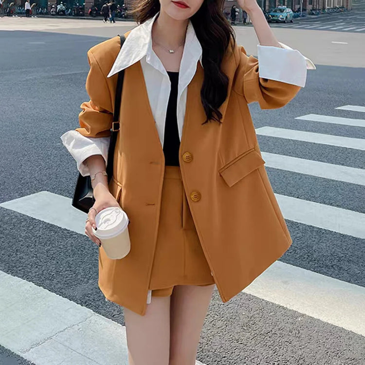 TWOTWINSTYLE Yellow Spliced Pocket Two Piece Set Female Lapel Long Sleeve Jacket Office Commute Women's Skirt Set Fashion New