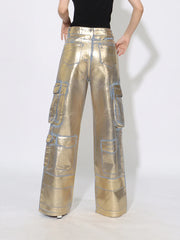 Metallic-Look Wide-Leg Cargo Pants