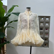 Sheer Lace Ruffle-Hem Shirt Dress