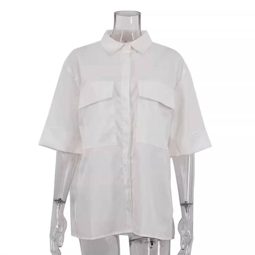 Flap-Pocket Short-Sleeve White Shirt