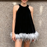 Fluffy-Hem Halter Mini Dress