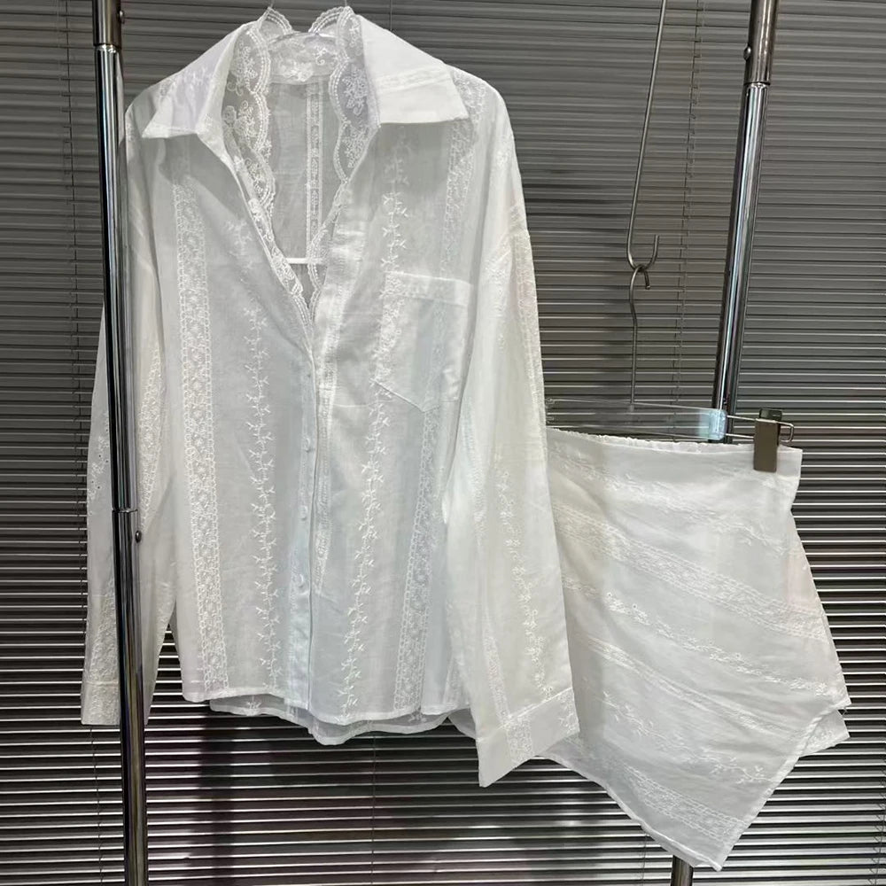 Lace-Panel Shirt and Mini Skirt Set
