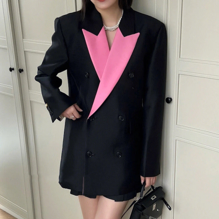 Contrast-Lapel Double-Breasted Blazer