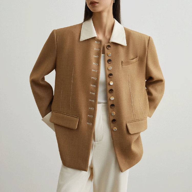 Contrast-Collar Button-Front Jacket