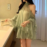 TWOTWINSTYLE Green Spliced Sheer Two Piece Set Female Halter Long Sleeve Loose Shirt Sweet Women's Skirt Set Summer Fashion New
