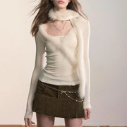 TWOTWINSTYLE Solid Two Piece Set Female Square Collar Long Sleeve T Shirt Vintage Korean Women's Spliced Fur Scarf Fashion Set