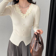 Lace-Trim Ribbed Button Cardigan