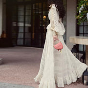 Lace-Panel Ruffle-Hem Long Coat
