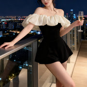 Contrast-Ruffle Off-Shoulder Romper