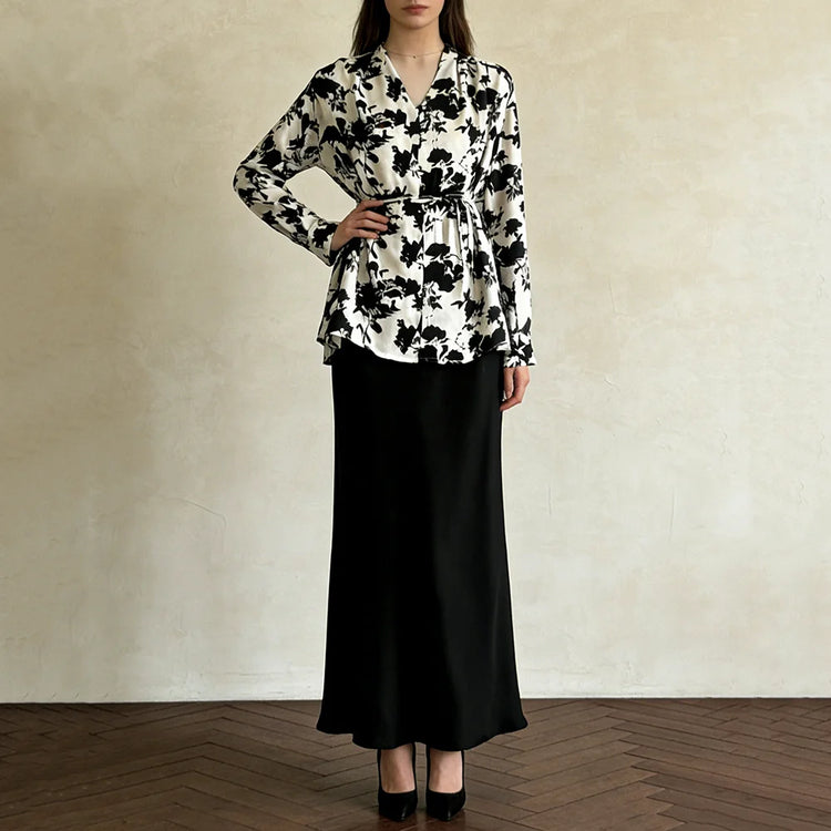 TWOTWINSTYLE Printing Elegant Two Piece Sets for Women V Neck Long Sleeves Tunic Spliced Lace Up Top High Waist Skirt Set Female