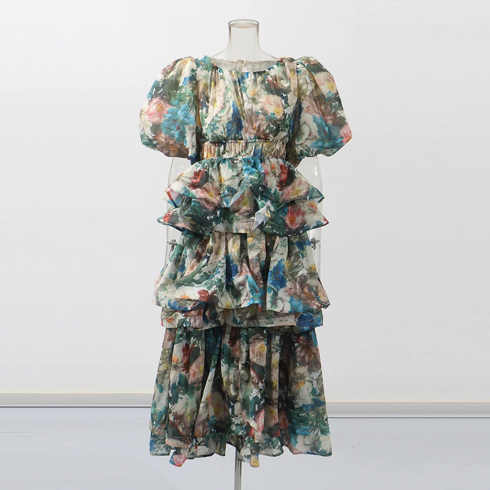 Floral Puff-Sleeve Tiered Dress