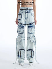 Contrast-Pocket Wide-Leg Cargo Jeans