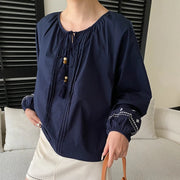 Tassel-Neck Embroidered-Cuff Blouse