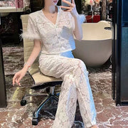 TWOTWINSTYLE Solid Sheer Two Piece Sets for Women V Neck Short Sleeve Spliced Single Breasted Top High Waist Pant Set Female New