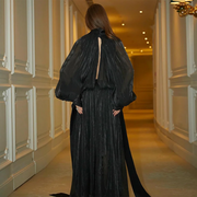 Draped Balloon-Sleeve Long Dress