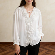Lace-Trim Tie-Neck Blouse