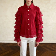 Tiered Ruffle-Sleeve Lace Shirt