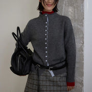 Contrast-Trim Button Cardigan
