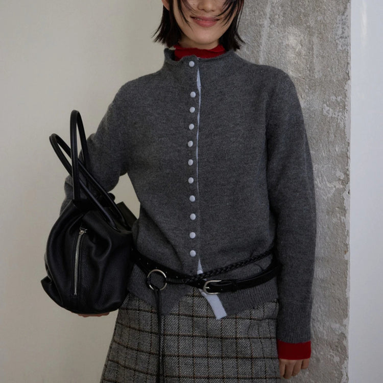 Contrast-Trim Button Cardigan