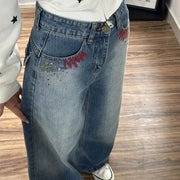 Embroidered-Pocket Wide-Leg Jeans
