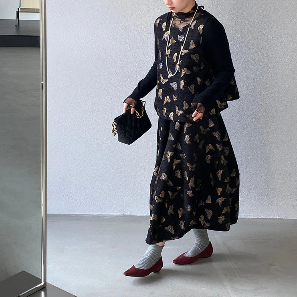 Butterfly-Motif Top and Skirt Set