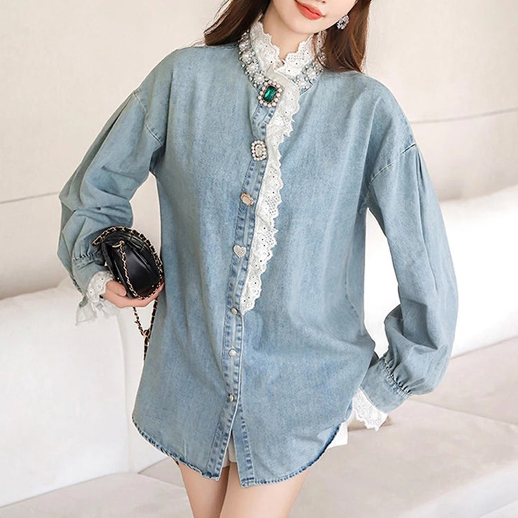 Lace-Trim Longline Shirt Jacket