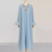 Embellished-Neck Pleated Long Dress