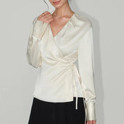 Glossy Tie-Waist Wrap Blouse