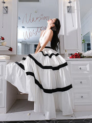 Contrast-Trim Tiered Halter Dress