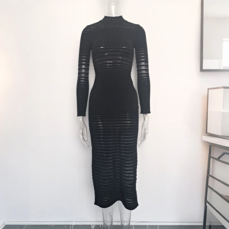 Sheer-Stripe Fitted Dress