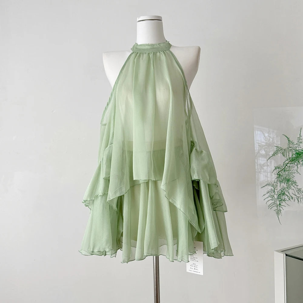 TWOTWINSTYLE Green Spliced Sheer Two Piece Set Female Halter Long Sleeve Loose Shirt Sweet Women's Skirt Set Summer Fashion New