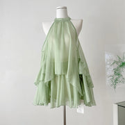 TWOTWINSTYLE Green Spliced Sheer Two Piece Set Female Halter Long Sleeve Loose Shirt Sweet Women's Skirt Set Summer Fashion New