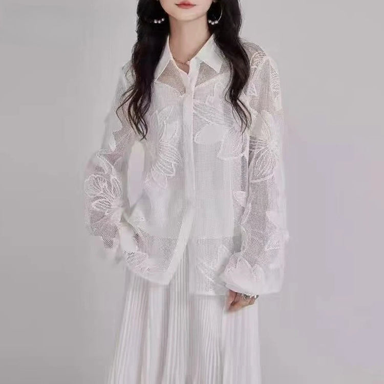 Sheer Floral Lace Collared Shirt