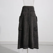 Cargo-Pocket Split-Front Long Skirt