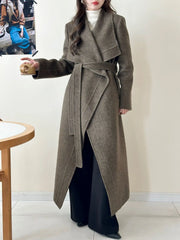 Draped-Collar Long Wrap Coat