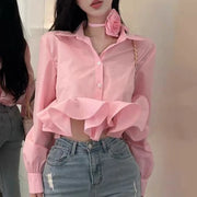 Ruffle-Hem Cropped Button Shirt