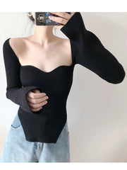Sweetheart-Neck Long-Sleeve Sweater
