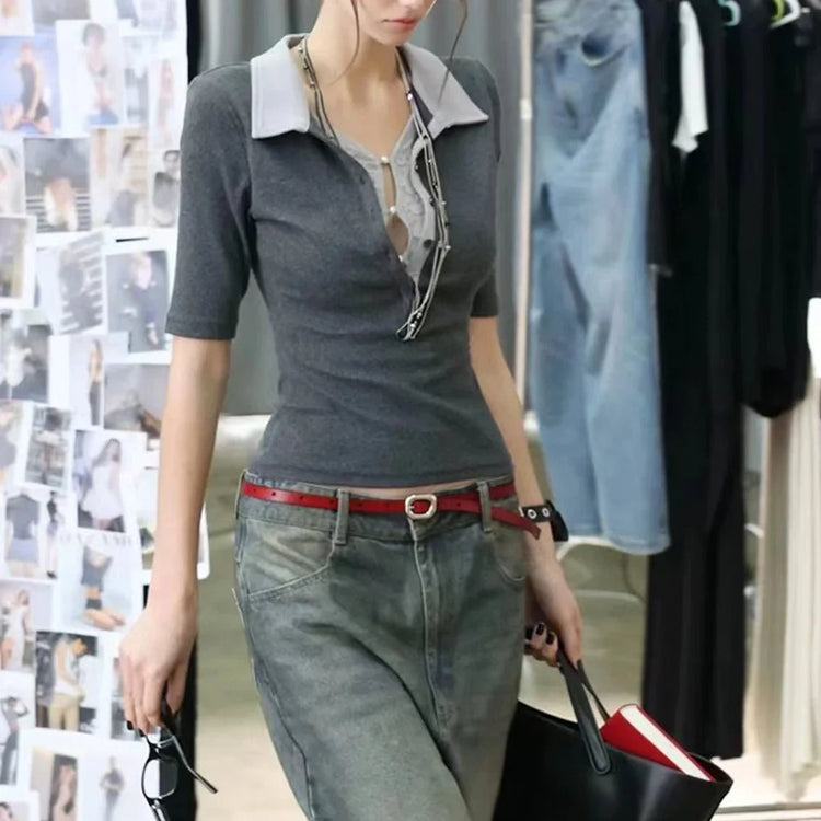Contrast-Collar Lace-Up Top