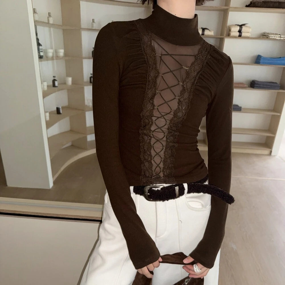 Lace-Up Sheer-Panel High-Neck Top