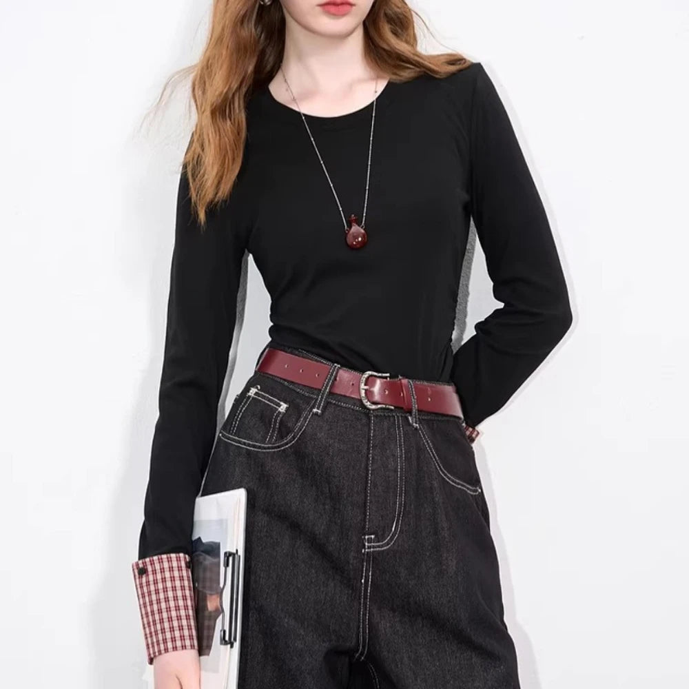 Checked-Cuff Long-Sleeve Top