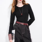Checked-Cuff Long-Sleeve Top