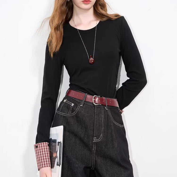 Checked-Cuff Long-Sleeve Top
