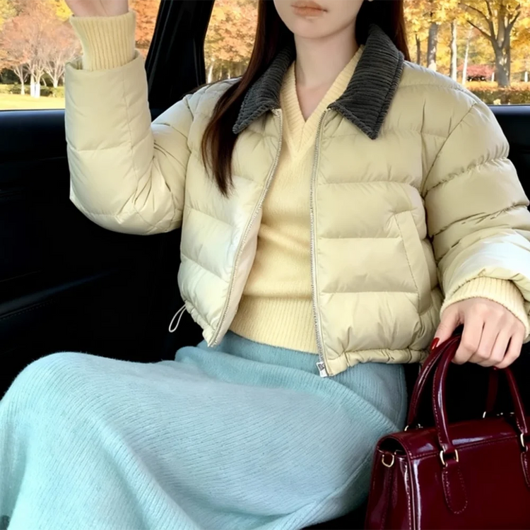 Contrast-Collar Cropped Puffer Jacket