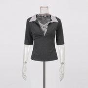 Contrast-Collar Lace-Up Top